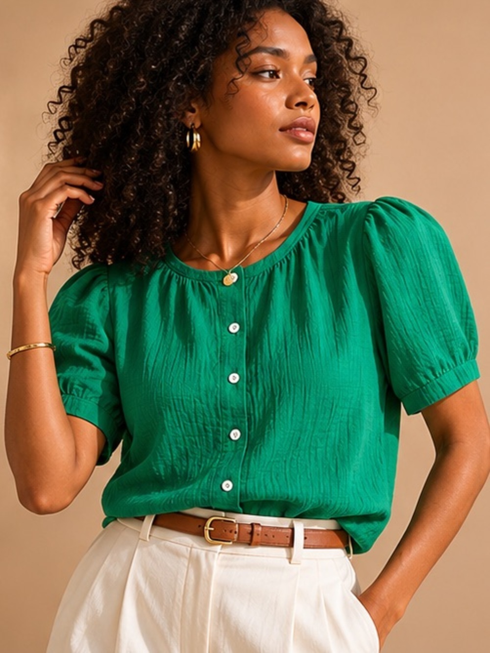 Elan Emerald Green Gauze Puff Sleeve Boho Blouse Large